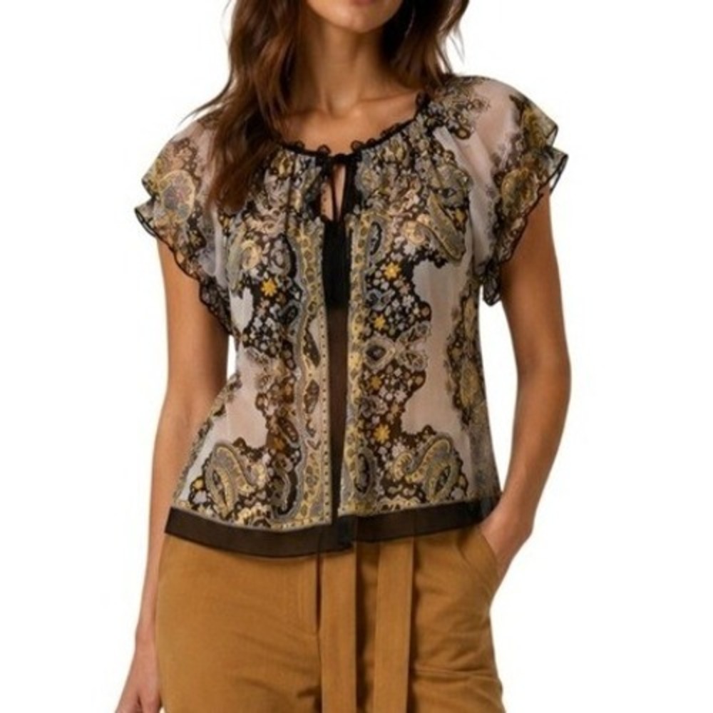 American Vintage Y2K Boho Marrocon Sheer Paisley Peasant Puff Sleeve Blouse